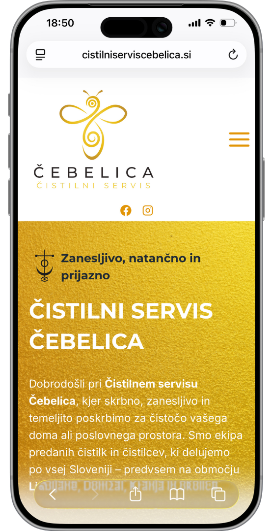 Mobilni prikaz spletne strani Čistilni servis Čebelica